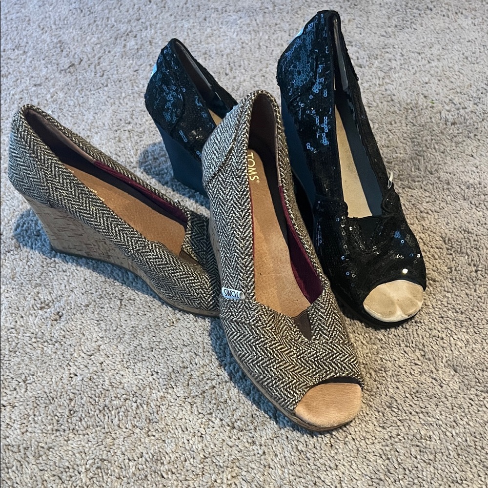 Bundle of Toms Black Sequin and Brown and tan Wedges